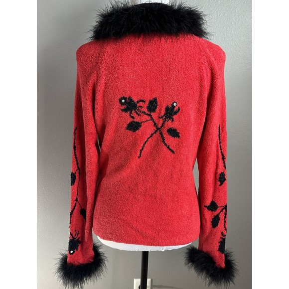 Berek Red Button Sweater Sz M Black Floral Beaded Faux Fur Collar/cuffs VTG 90's - Picture 3 of 8
